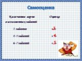 Самооценка. Количество верно Оценка выполненных заданий 3 задания «3» 4-5 заданий «4» 6-7 заданий «5»