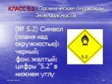 КЛАСС 5.2. Органические пероксиды Знак опасности. (№ 5.2) Символ (пламя над окружностью): черный; фон: желтый; цифры "5.2" в нижнем углу