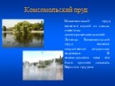 Комсомольский пруд. Комсомольский пруд является одной из самых известных достопримечательностей Липецка. Комсомольский пруд является искусственно созданным водоемом. В восемнадцатом веке его было принято называть Верхним прудом.