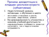 Причины дезадаптации в младшем школьном возрасте (субъективные). Недостаточный уровень мотивации к обучению в школе негативное отношение к школе, учителям, сверстникам, учению 2. Несформированность элементов и навыков учебной деятельности индивидуальные особенности развития интеллекта, так и педагог