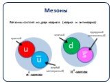 Мезоны. Мезоны состоят из двух кварков (кварка и антикварка). d s π -мезон 0 К -мезон красный. голубой (антикрасный). зеленый. пурпурный (антизеленый)