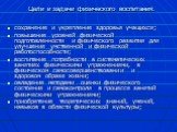 Цели и задачи физического воспитания: сохранение и укрепление здоровья учащихся; повышение уровней физической подготовленности и физического развития для улучшения умственной и физической работоспособности; воспитание потребности в систематических занятиях физическими упражнениями, в физическом само