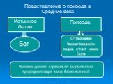 Представление о природе в Средние века. Истинное бытие Бог. Отражение божественного мира, стоит ниже Бога. Человек должен стремиться вырваться из природного мира в мир божественный