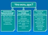 Что есть дух? РЕЛИГИОЗНО-ИДЕАЛИСТИЧЕСКОЕ ПРЕДСТАВЛЕНИЕ. Дух есть нечто нематериальное, противоположное вещественному, телесному, материальному. МАТЕРИАЛИСТИ-ЧЕСКОЕ ПРЕДСТАВЛЕНИЕ. Дух есть порождение высокоорганизованной материи, тесно с ней связан и не имеет самостоятельной основы. ПАНТЕИСТИ-ЧЕСКОЕ 