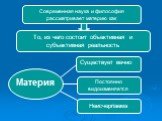 Современная наука и философия рассматривает материю как. То, из чего состоит объективная и субъективная реальность. Существует вечно. Постоянно видоизменяется. Неисчерпаема