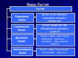 Виды бытия Природное бытие. Бытие естественных природных вещей и процессов. Социальное бытие. Бытие общества как объединения разумных существ. Духовное бытие. Бытие в сфере субъективной психической реальности – внутреннем мире разумного существа. Компьютерное бытие. Бытие в сфере искусственной компь