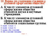 16. Верны ли следующие суждения о духовной сфере жизни общества? А. К числу элементов духовной сферы жизни общества относятся наука и научные учреждения. Б. К числу элементов духовной сферы жизни общества относятся социальные группы. 1) верно только А 2) верно только Б 3) верны оба суждения 4) оба с