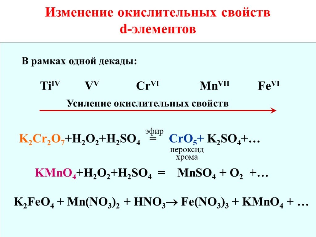 Реакция d n. Декады d элементов. Усиление окислительных свойств ионов. K2feo4 разложение. Примеры реакции feo.