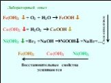 Лабораторный опыт. Fe(OH)2  + O2 + H2O  FeOOH  Co(OH)2  + H2O2  CoOOH  Ni(OH)2  +Br2 +NaOH NiOOH +NaBr+…. Fe(OH)2 Co(OH)2 Ni(OH)2. Восстановительные свойства усиливаются. Сила окислителя
