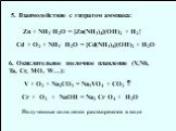 5. Взаимодействие с гидратом аммиака: Zn + NH3·H2O = [Zn(NH3)4](OH)2 + H2↑. Cd + O2 + NH3· H2O = [Cd(NH3)4](OH)2 + H2O. 6. Окислительное щелочное плавление (V,Nb, Ta, Cr, MO, W…): V + O2 + Na2CO3 = Na3VO4 + CO2 . Cr + O2 + NaOH = Na2 Cr O4 + H2O. Полученные соли легко растворяются в воде
