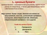 1. Ценные бумаги. Ценные бумаги – коммерческие документы, приносящие доход их владельцу, а также удостоверяющие право собственности на активы. Виды ценных бумаг: акция, банковская книжка на предъявителя, вексель, депозитный сертификат, закладная, инвестиционный пай, облигация, сберегательный сертифи