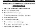 Факторы, влияющие на разработку стратегии управления персоналом (макросреда): Факторы Международного характера Политические факторы Экономические факторы Социально-демократические факторы Правовые факторы Культурные факторы Научно-технические факторы Природно-климатические факторы Экологические факт