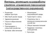 Факторы, влияющие на разработку стратегии управления персоналом (непосредственное окружение): Рыночная инфраструктура Местный рынок труда Здравоохранение Наука и образование Торговля Пригородное и сельское хозяйство Бытовое обеспечение. Мониторинг окружающей среды Транспорт и связь Строительство и ж