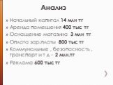 Начальный капитал 14 млн тг Аренда помещения 400 тыс тг Оснащение магазина 3 млн тг Оплата зар.платы 800 тыс тг Коммунальные , безопасность , транспорт и т д – 2 млн.тг Реклама 600 тыс тг. Анализ