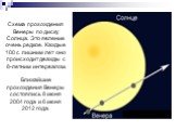 Схема прохождения Венеры по диску Солнца. Это явление очень редкое. Каждые 100 с лишним лет оно происходит дважды с 8-летним интервалом. Ближайшие прохождения Венеры состоялись 8 июня 2004 года и 6 июня 2012 года.