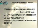 Государственный надзор. Население Самарской области - 3 млн. 200 тыс. 37 муниципальных образований 30 000 предприятий, зарегистрированных в налоговых органах