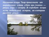 Название озера Таир произошло от марийского слова «Ото ер» («ото» — роща, «ер» — озеро). В середине озера есть небольшой остров, на котором растет роща.
