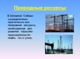 Природные ресурсы. В Западной Сибири сосредоточены практически все природные ресурсы, необходимые для развития отраслей промышленности: нефть, газ и уголь.