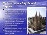 Урбанизация в Зарубежной Европе. Высокий уровень урбанизации (73-90%) и быстрые темпы ее роста Высокая концентрация населения в больших городах и городских агломерациях «Расползание городов» Высокая плотность населения