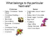 What belongs to the particular festivals? Christmas Father Christmas / Santa Claus Christmas Pudding / sweets Stockings Decorations Presents / Christmas Tree Christmas Carols Roast Turkey Crackers. Easter Celebrates Jesus’ return to life Eating lots of chocolate Easter eggs / bunnies Egg Hunt Tradit