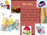 My toys. I have got many toys: a doll and a ball, a boat, a plane, a kite, a cat, a dog and a nice doll’s house, a lorry and a car.