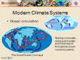 Ocean circulation The Great Ocean Conveyor. Sinking cool water, rising warm water and wind help to form global ocean current systems.