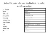 Match the verbs with word combinations to make up set expressions. Verbs take listen to examine operate prescribe vaccinate put x-ray take out fill