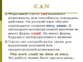 C A N. Модальный глагол саn выражает возможность или способность совершить действие. На русский язык обычно переводится словами могу, умею. В прошедшем неопределенном времени он имеет форму could. He имеет формы будущего неопределенного времени Глагол саn употребляется также для выражения реальной и