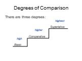 Degrees of Comparison There are three degrees: Basic Comparative Superlative high higher highest