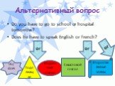 Альтернативный вопрос. Do you have to go to school or hospital tomorrow? Does he have to speak English or French? or