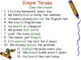 Simple Tenses. Open the breaks: 1. I (do) my homework every day. 2. My family (be) in Sochy last summer. 3. Students already (write) the English test. 4. Ann (learn) English now. 5. He (work) at a hospital. 6. My granny (not work). 7. Look! The baby (sleep). 8. The lesson just (begin). 9. I (transla