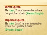 Direct Speech Не says, "I can't remember where I've put the tickets. (Present Simple) Reported Speech Не says (that) he can't remember where he's put the tickets." (Present Simple)