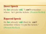 Direct Speech He has already said, "I can't remember where he's put the tickets. (Present Perfect) Reported Speech He has already said (that) he can't remember where I've put the tickets.“ (Present Perfect)