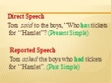 Direct Speech Tom said to the boys, “Who has tickets for “Hamlet”? (Present Simple) Reported Speech Tom asked the boys who had tickets for “Hamlet”. (Past Simple)