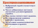 Критерии оценивания. Выбранный спрайт соответствует заданию Число добавленных костюмов достаточно для анимирования спрайта. Фон сцены соответствует заданию. Все управляющие клавиши работают правильно. Все условия задания полностью реализованы в проекте.