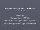 IP-адрес имеет вид 192.22.35.44 или 255.1.0.14. Например: IP-адрес 128.250.33.199. 128.250.33 – это адреса сетей и подсетей, 199 – это адрес компьютера пользователя.