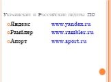 Украинские и Российские лидеры ПС. Яндекс www.yandex.ru Рамблер www.rambler.ru Апорт www.aport.ru