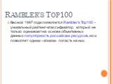 Rambler's Top100. Весной 1997 года появляется Rambler's Top100 - уникальный рейтинг-классификатор, который не только оценивает на основе объективных данных популярность российских ресурсов, но и позволяет одним «кликом» попасть на них.