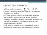 СВОЙСТВА ГРАФОВ: 1) Для любого графа сумма степеней вершин равна удвоенному количеству ребер 2) Для любого графа количество вершин нечетной степени всегда четно (аналог задачи: в любой момент времени количество людей, сделавших нечетное количество рукопожатий, четно) 3) В любом графе есть по крайней
