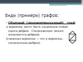 Виды (примеры) графов: Обычный (неориентированный) граф 2 вершины могут быть соединены только одним ребром. Соединяющие линии называются ребрами. (смежные вершины – это 2 вершины, соединенные ребром)