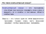 Что такое компьютерный вирус? Компьютерный вирус – это программа, способная при запуске создавать свои копии и внедрять их в файлы и системные области компьютера. Вирусы – это только один из типов вредоносных программ. Однако очень часто вирусами называют любые вредоносные программы.