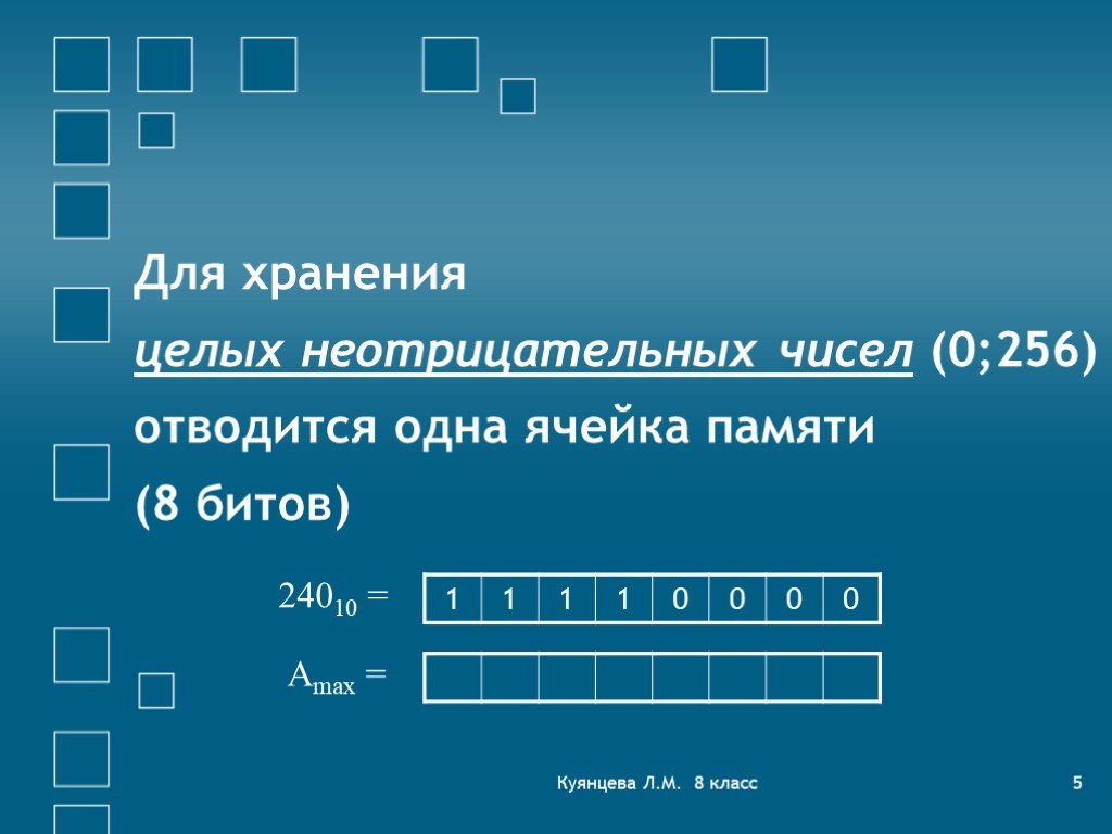 Хранение целых чисел. Кодирование чисел в памяти компьютера. Целые неотрицательные числа. Число в 8 битную ячейку памяти.