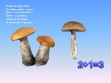 Ежик по лесу шел, На обед грибы нашел: Два — под березой, Один — у осины, Сколько их будет В плетеной корзине? 2+1=3