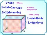 S=2ab S=2(ab+ac+bc) L=4(a+b+c) L=4a. Площадь поверхности. Длина ребер +2bc +2ac +4b +4c