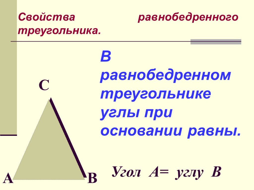 Почему углы при основании равны. Свойства углов равнобедренного треугольника 7 класс. Треугольник свойства равнобедренного треугольника. Геометрия свойства равнобедренного треугольника. Свойства равнобедренного треугольника 7.