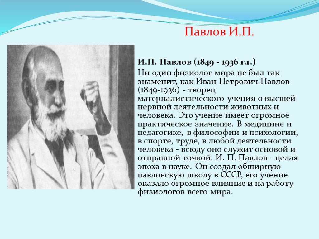 Открытия и п павлова. Павлов и.п. (1849-1936). И.П. Павлова (1849—1934).