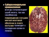 Субарахноидальное кровоизлияние всегда сопровождает ушиб мозга, так как неизбежное повреждение сосудов мягкой мозговой оболочки в очаге контузии приводит к попаданию крови в ликвор.