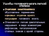 Ушибы головного мозга легкой степени. Очаговая симптоматика обусловлена поражением корковых отделов одного полушария головного мозга. Отмечаются легкие двигательные нарушения в виде асимметрии рефлексов, патологических стопных знаков с одной стороны.