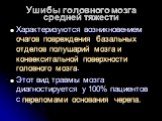 Ушибы головного мозга средней тяжести. Характеризуются возникновением очагов повреждения базальных отделов полушарий мозга и конвекситальной поверхности головного мозга. Этот вид травмы мозга диагностируется у 100% пациентов с переломами основания черепа.