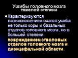 Ушибы головного мозга тяжелой степени. Характеризуются возникновением очагов ушиба не только коры и базальных отделов головного мозга, но в большей степени повреждением стволовых отделов головного мозга и диэнцефальной области.